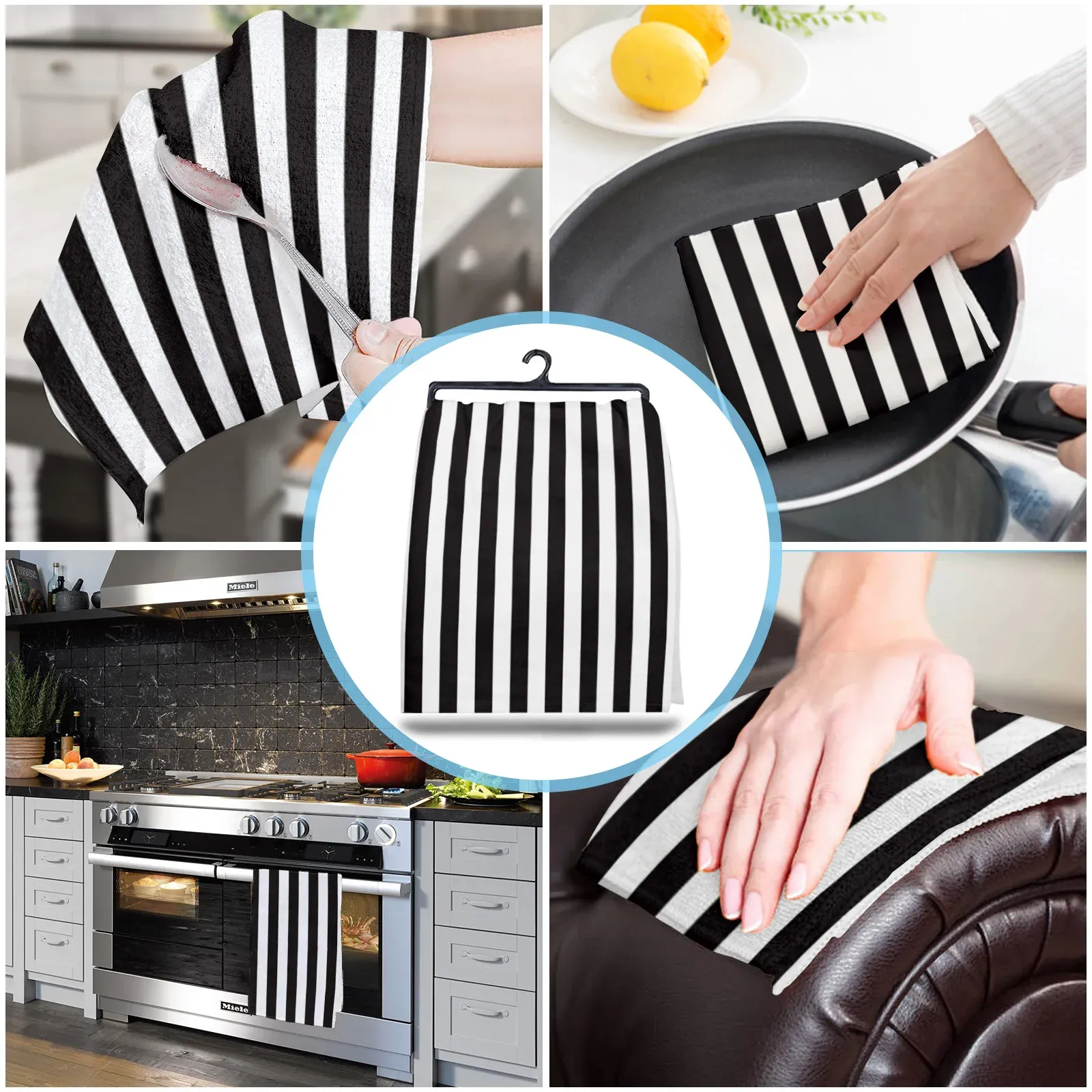 Black & White Striped Kitchen Towel Set - Absorbent Dish Cloths ...