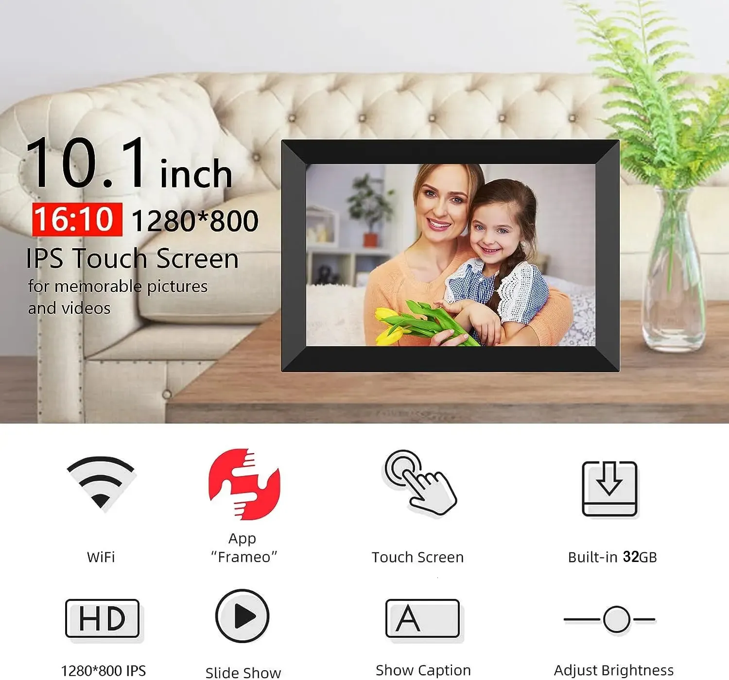 32GB FRAMEO 10.1 Inch WiFi Digital Picture Frame - Touch Screen Smart Cloud Photo Display With Mobile App