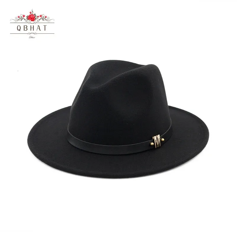 QBHAT Men Women Wool Panama Felt Hat Wide Brim Jazz Fedora Hats Black M Letter Leather Band Decorated Green Trilby cap 240410