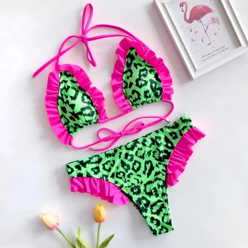 Kadın Mayo Leopar Bikini Ruffles Halter Mayo String Thong Seksi Kadın Brezilyalı Mayo Takım İki Parça Plaj Bikini Seti Mujer