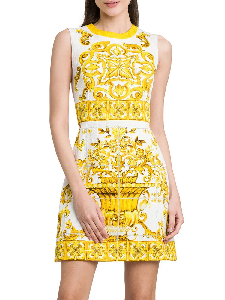 Jacquard Yellow Porcelain Print Summer Mini Dress Sleeveless O Neck Street Dress