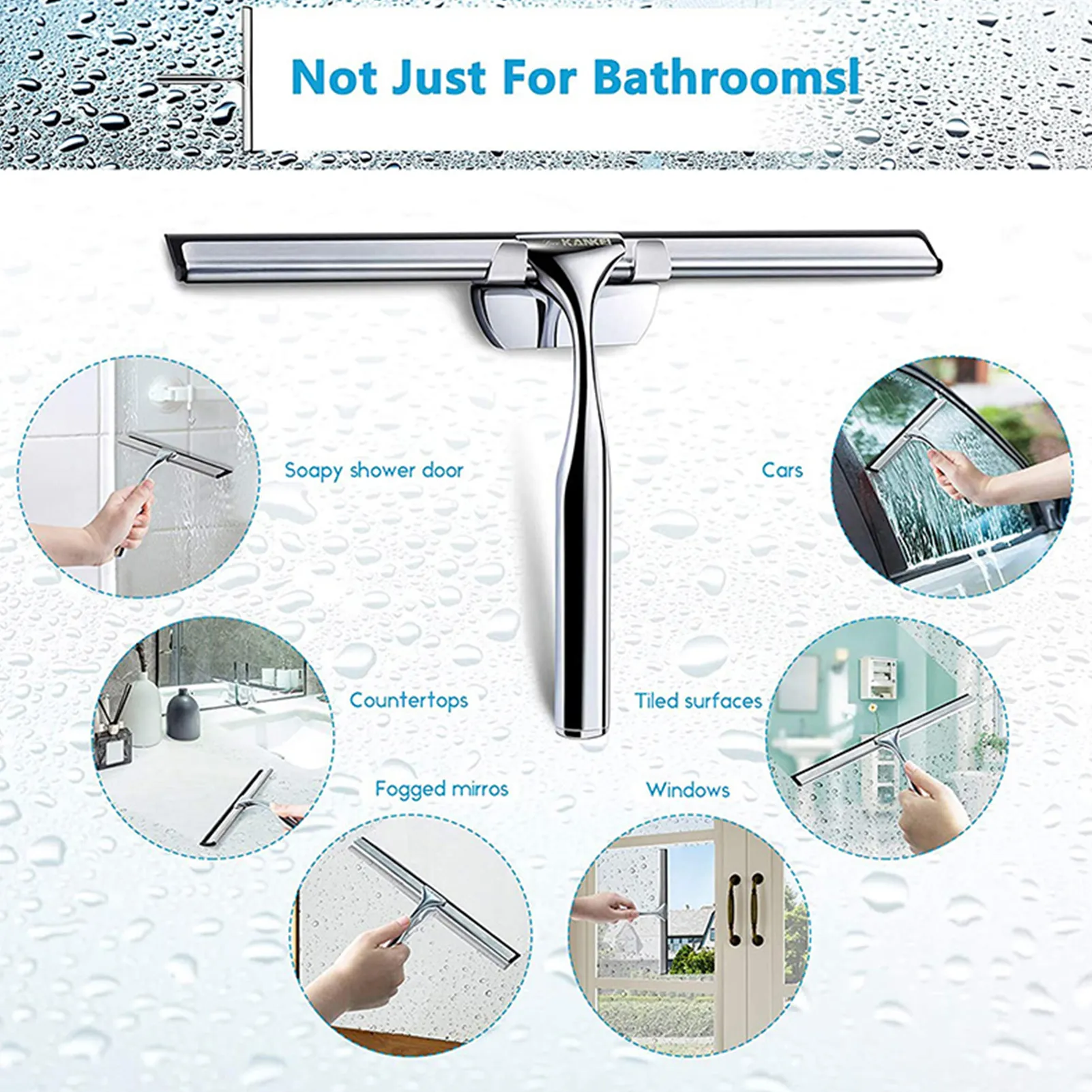Shower Squeegee For Glass Doors - 10 Inch Silicone Rubber Blade, Stainless Steel Core, Streak-Free Cleaner For Mirrors & Tiles (White)
