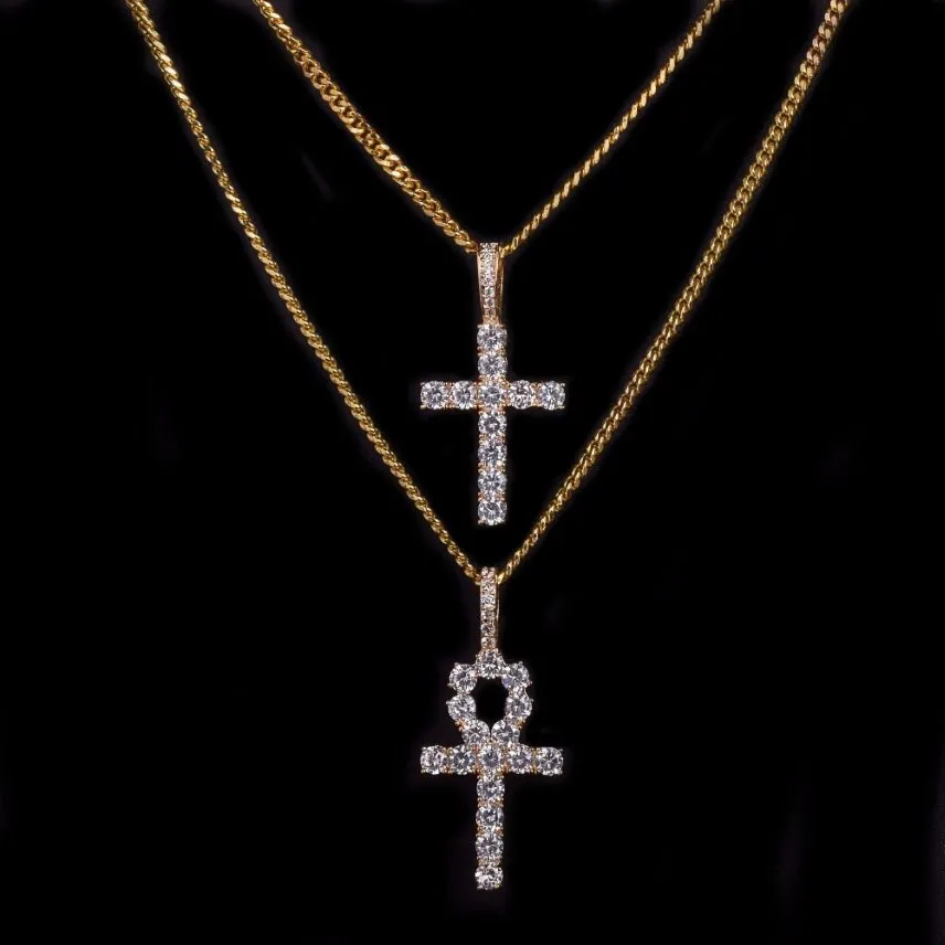 Iced Zircon Ankh Cross Necklace Jewelry Set Gold Silver Copper Material Bling CZ Key To Life Egypt Pendants Necklaces282h