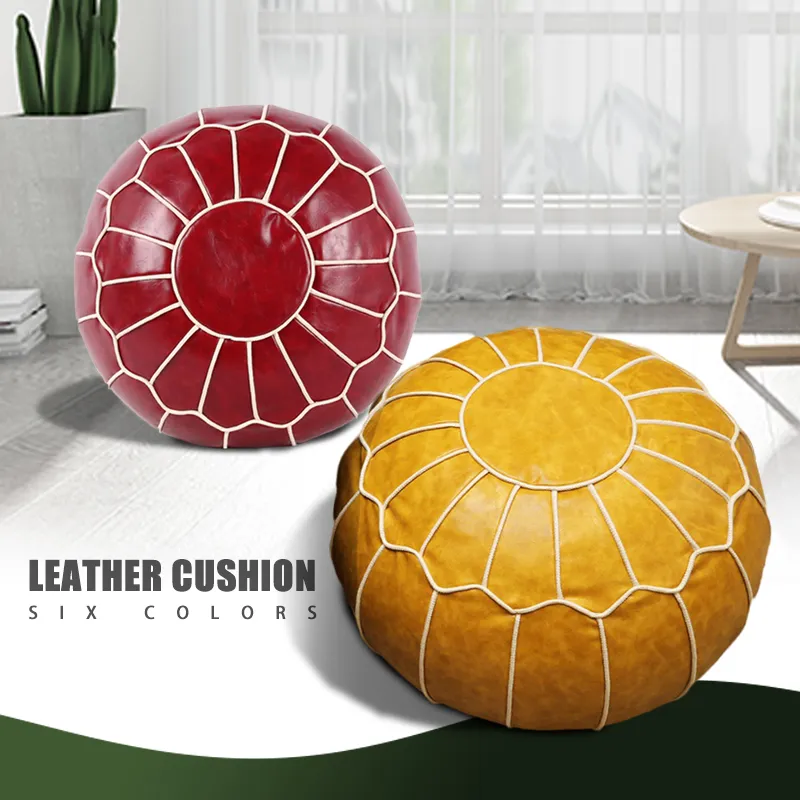 Marokkaanse PU Leather Pouf Borduurvaartuig Ottoman Home Moderne voetenbank Ronde 55*35cm Artificial Leather Unstuffed Cushion