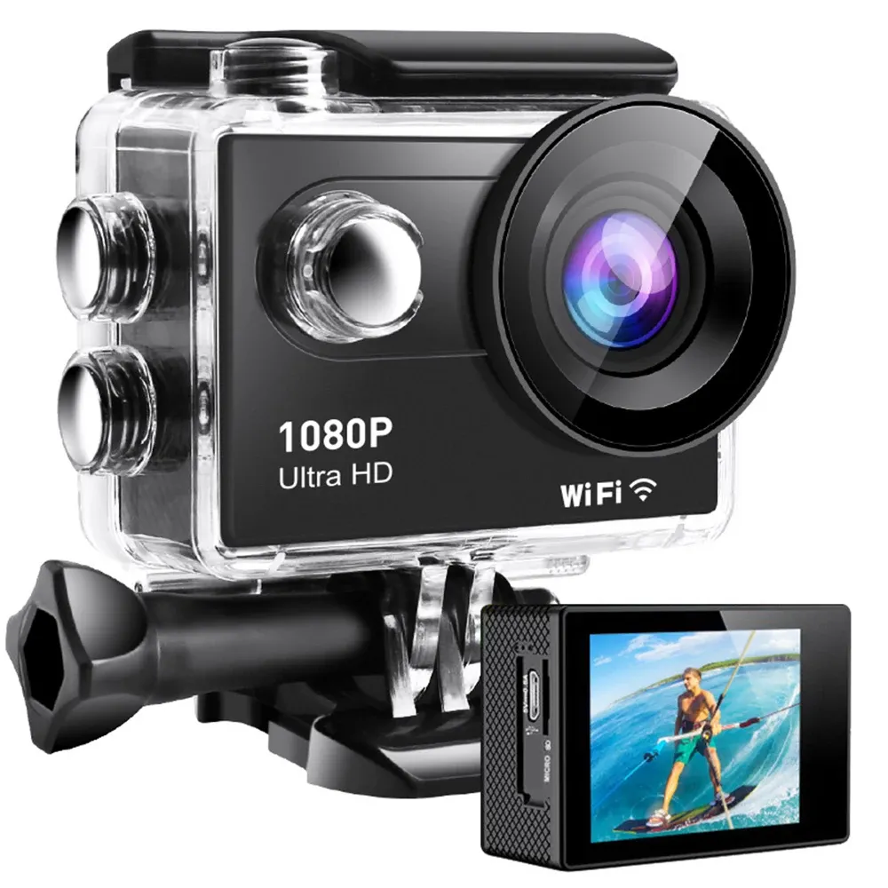 Kameras 1080p HD -Aktionskamera mit 2,0 -Zoll -LCD -Bildschirm 12MP 30 m wasserdicht