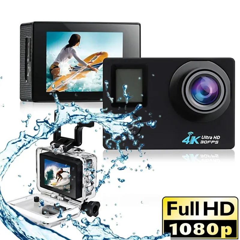 Kamera 4K HD -Kamera DV 30m Taucheral -Dual -Screen -Sportkamera mit Fernbedienung WiFi Waterd Action für Helmrad Fahrrad