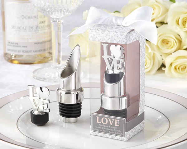 (10Pcs/lot) Silver Wedding Favors of Love bottle Wine Pourer gifts for Bridal shower Party Favors and Bottle Stopper souvenirs