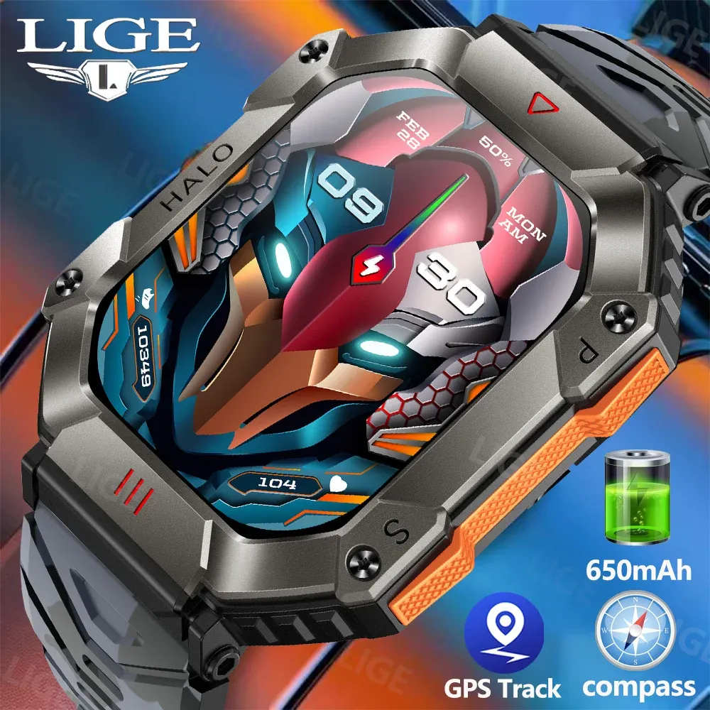 Watches Lige New Men's Smart Watch 650mAh Large Battery AI Voice Assistant Compass GPS Movement Track Outdoor Sport Adventure Smartwatch