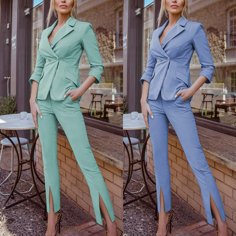 Polished and Professional European American Style Women's Slim Fit Waistline Professional Casual Pantsuit Made with Healthy Fabric In Cyan or Light Blue AST88984