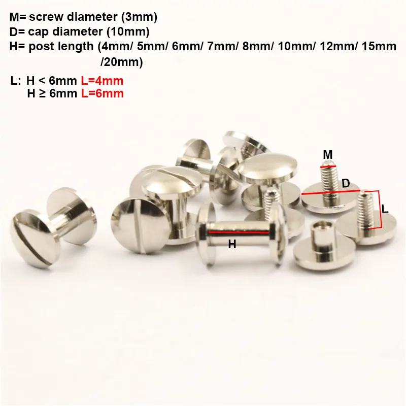 10pcs Cupronickle Binding Chicago Screws Nail Stud Rivets Arc Head For Photo Album Leather Craft Belt Wallet Fasteners 10mm Cap