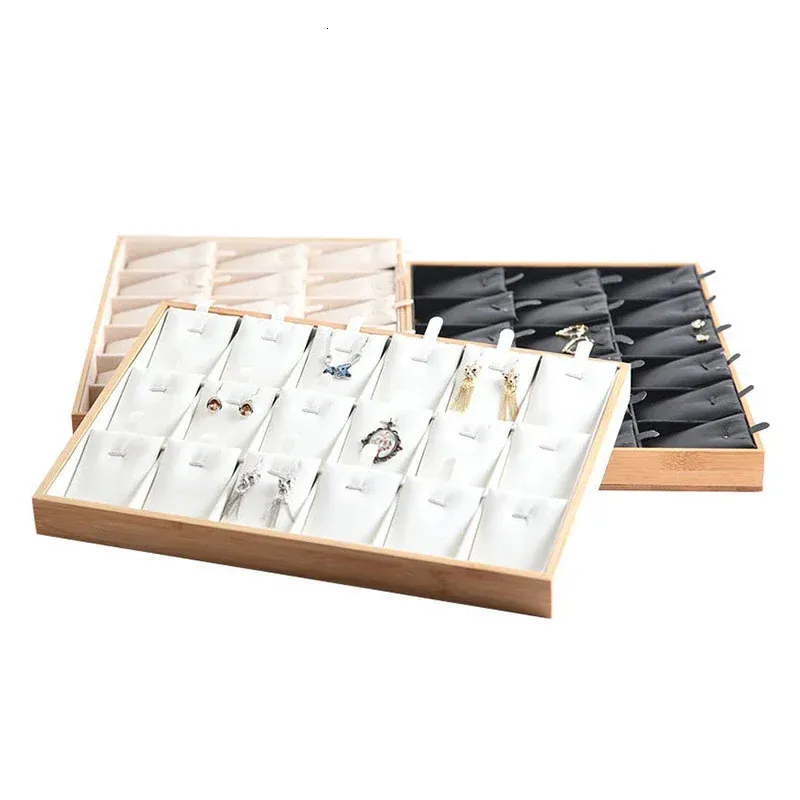 Bamboo PU Jewelry Pendant Tray Necklace Storage Jewelry Organizer Tray Holder Showcase For Drawer 18Grids240327