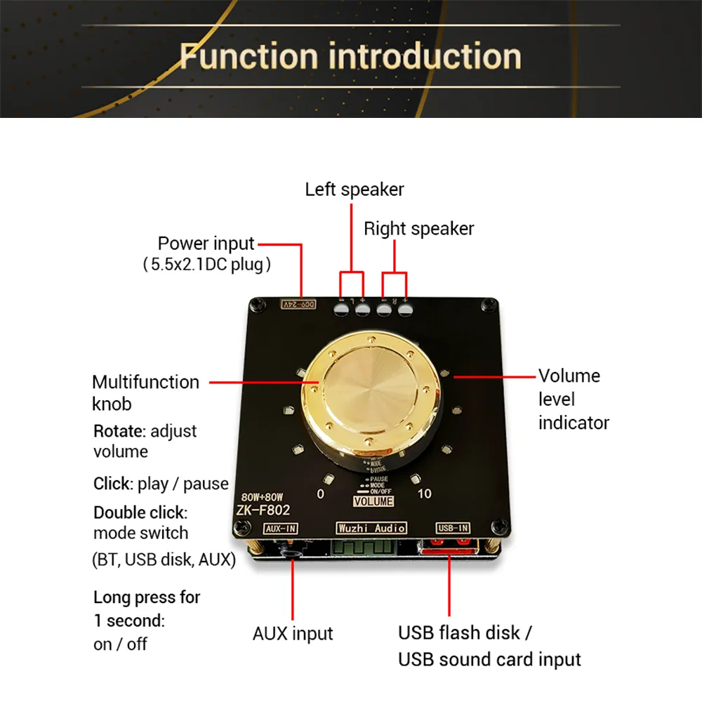 ZK-F302 F502E F502H F802 Bluetooth 5.1 Módulo de potência Módulo de amplificador de energia TPA3118 Módulo de placa de amplificador de energia estéreo