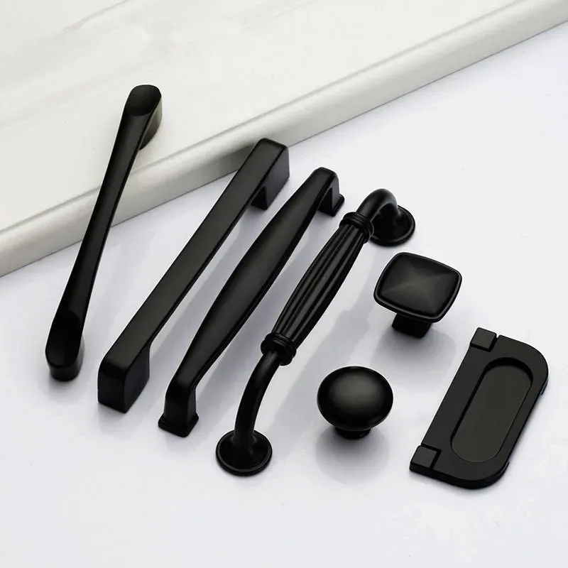 Poignées noires pour les boutons d'armoire de meubles et le tiroir de cuisine tire en placard alliage en aluminium