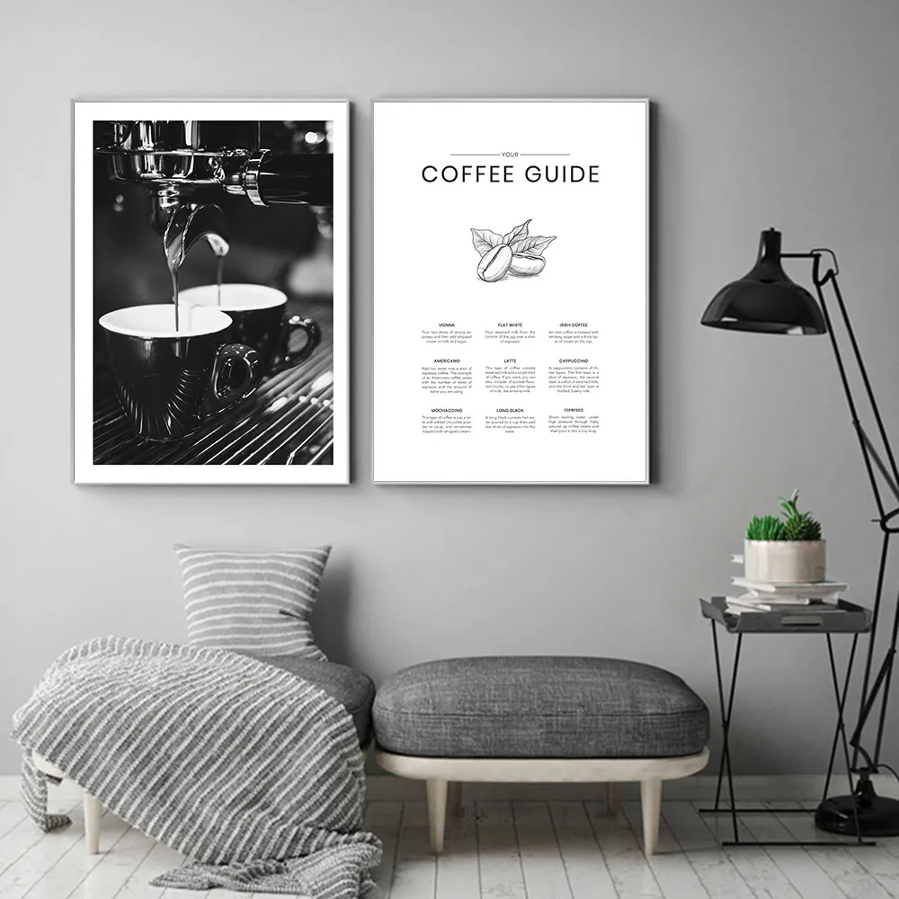 ملصق دليل القهوة Espresso Art Print Nordic Canvas Painting Modern Black White Wall Picture لغرفة المعيشة المطبخ ديكور المنزل