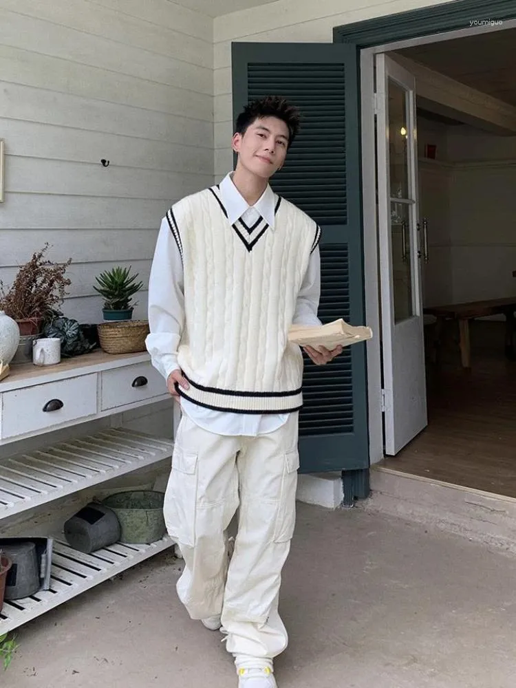 Men's Knit Vest Sweater Y2K Vintage Style Waistcoat, Korean Fashion  V-Neck Sleeveless Vest, Brown Autumn Winter Clothes