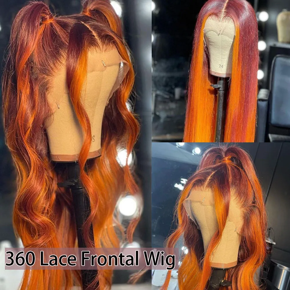 Atina Ombre Ginger Red Burgundy Color Hd Lace Frontal Wig Human Hair 360 Lace Frontal Wig Preplucked Full Orange Body Wave Wigs
