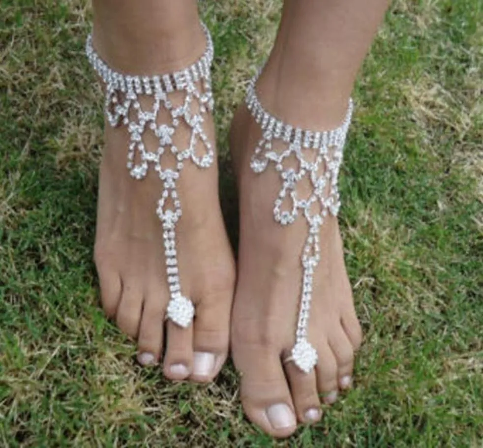 Strand bröllop brud anklets silver ton rhinestone barfota sandaler armband fotkedjor förälmar kedjor kvinnor smycken9063224