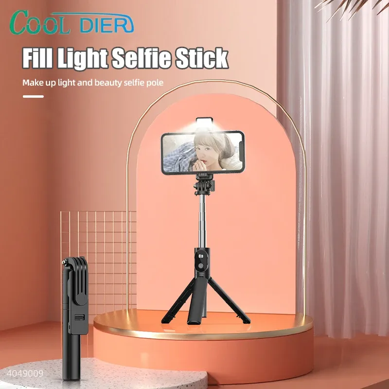 Monopods Cool Dier Foldbar Wireless Selfie Stick Stativ med Bluetooth Shutter Fill Light Monopod för telefon Live Broadcast Bracket