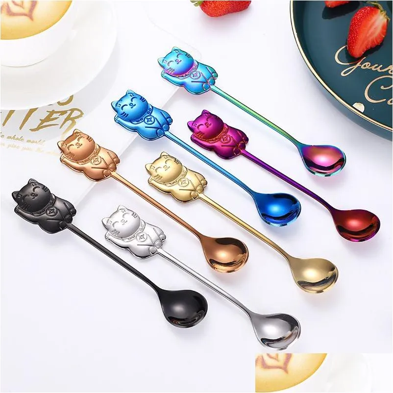 Cuillères en acier inoxydable Coffee Creative Tea Mini Cat Caton Cuisine Kitchet Gadget Tool Anipwor Lollewalwware Drop Livrot Home Garden Dhgyc