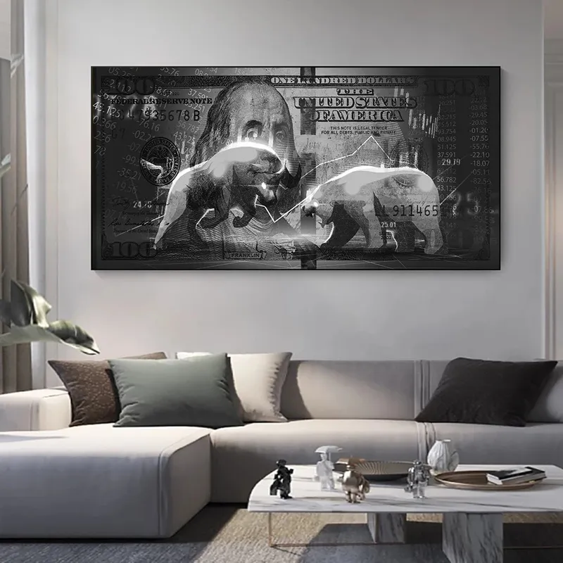 Wall Street laadt Bull Bear Canvas Paintings 100 Dollar Bill Money Poster Wall Art Picture Office Decor Stock Market Artwork