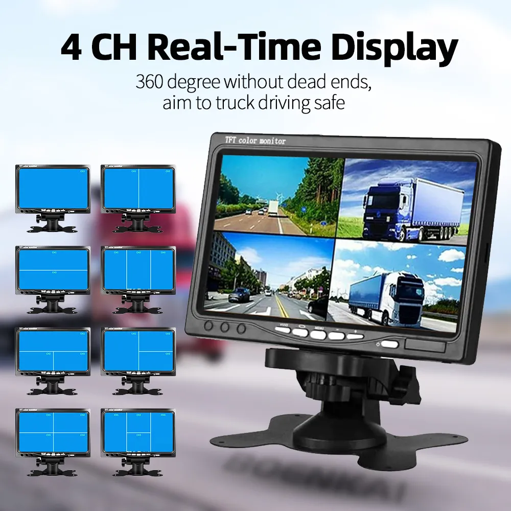 Boenkai Quad Split 7 -tums Monitor HD Display Side Bakvy Backup Camera Set 4 Channels RCA Video Ingångar för RV Truck Bus