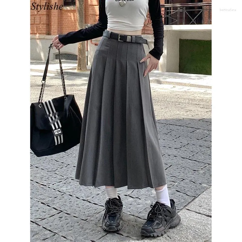 Saias pretas Maxi saia alta cintura com cinto vintage Mulheres plissadas outono estilo coreano Uma linha cinza y2k long Girls inverno