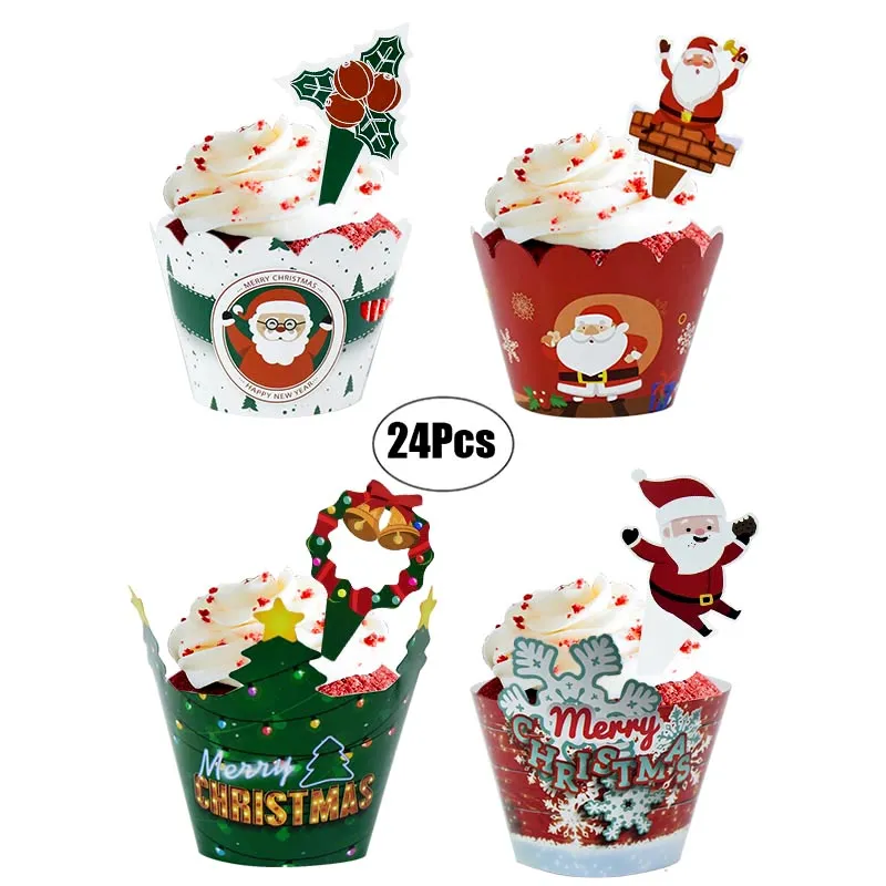 24Pcs Christmas Muffin Cake Cup Snowman Santa Claus Elk Cupcake Wrapper Toppers For New Year Xmas Party Cake Baking Decor Tools