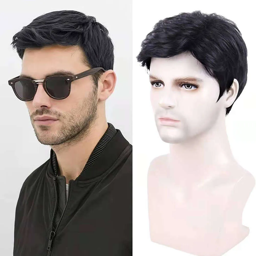 Mens wig black chemical fiber wig head cover with partial split mens elastic inner net short hair cover wigs