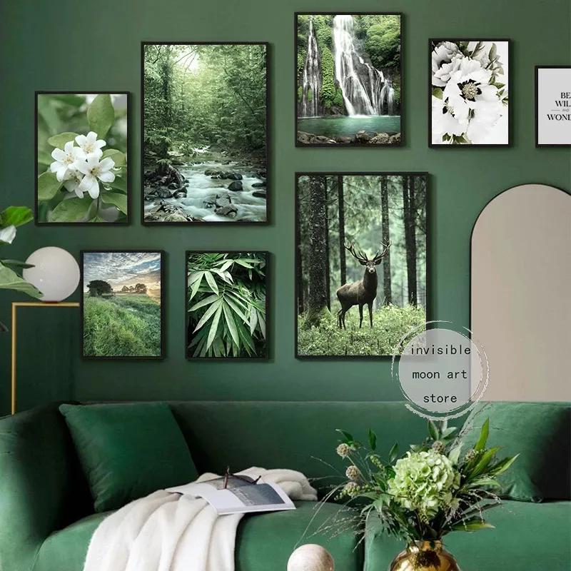 Природная ландшафт зеленый лесной арт плакаты дикие оленя, водопад, ручей, цветочные листья картина настенные принты картинка домашний декор