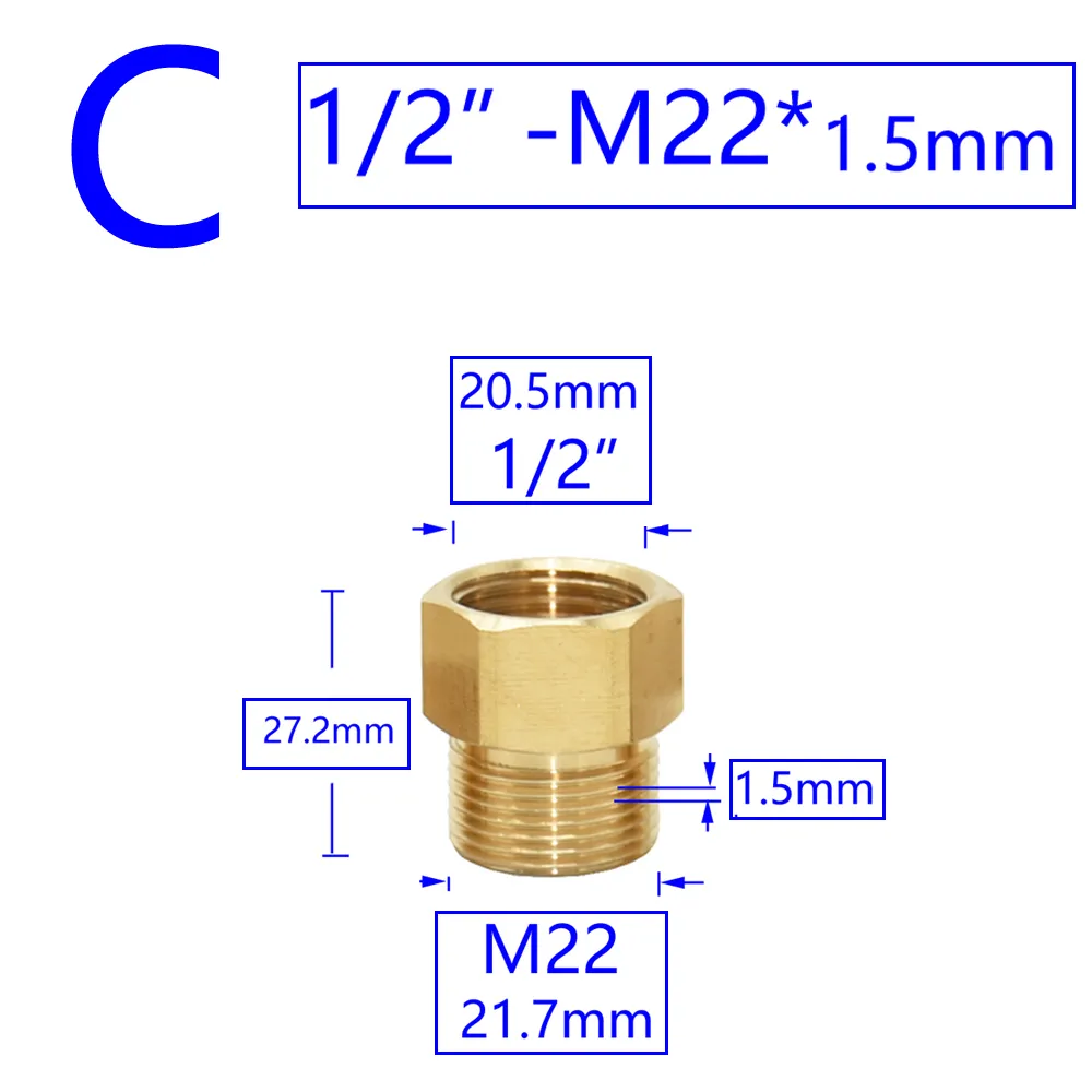 真鍮の男性女性1/2 "M14 M18 M22 3/8"スレッドコネクタ歯ピッチ1.5mm銅水タップ洗濯機バスルームカプラー