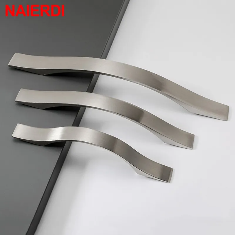 NAIERDI Aluminum Alloy Brushed Silver Cabinet Handles Modern Style Kitchen Door Handles Drawer Knobs Wardrobe Furniture Pulls