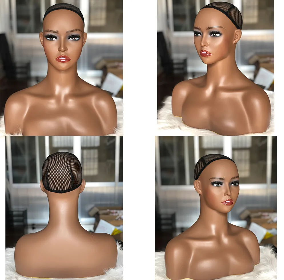 Afrikansk kvinnlig mannequinhuvud 18 tum med axel kan bära örhänge manikin pvc huvud perukhuvudstativ för peruker