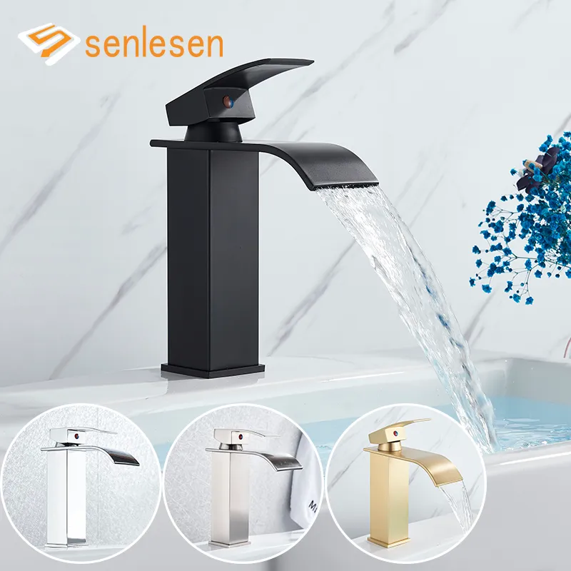 Senlesen Waterfall Bathroom Faucet WashBasin Faucet Deck Mounted Vessel Sinks Hot Cold Water Mixer Tap Crane,Black/Chrome/Golden