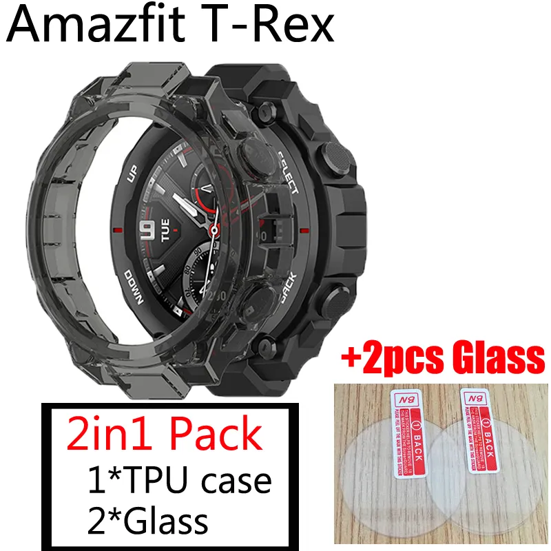 2in1 för Amazfit T Rex Pro Case Titta på TPU Protective Cover Shell Frame Protector Armband+Amazfit T-Rex Glass Screen Protector