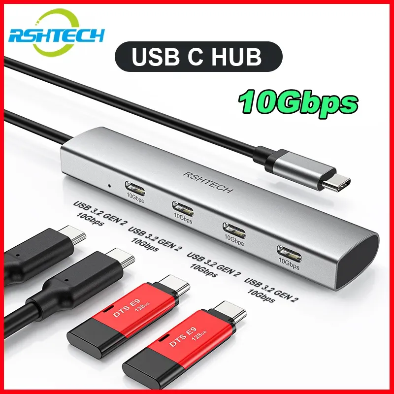 Hubs RSHTECH USB C Hub 10Gbps 4in1 TIPEC para USBC 3.2 Gen 2 Portátil Cubs Cubs MultiPort para Thunderbolt/Tipo C Laptop