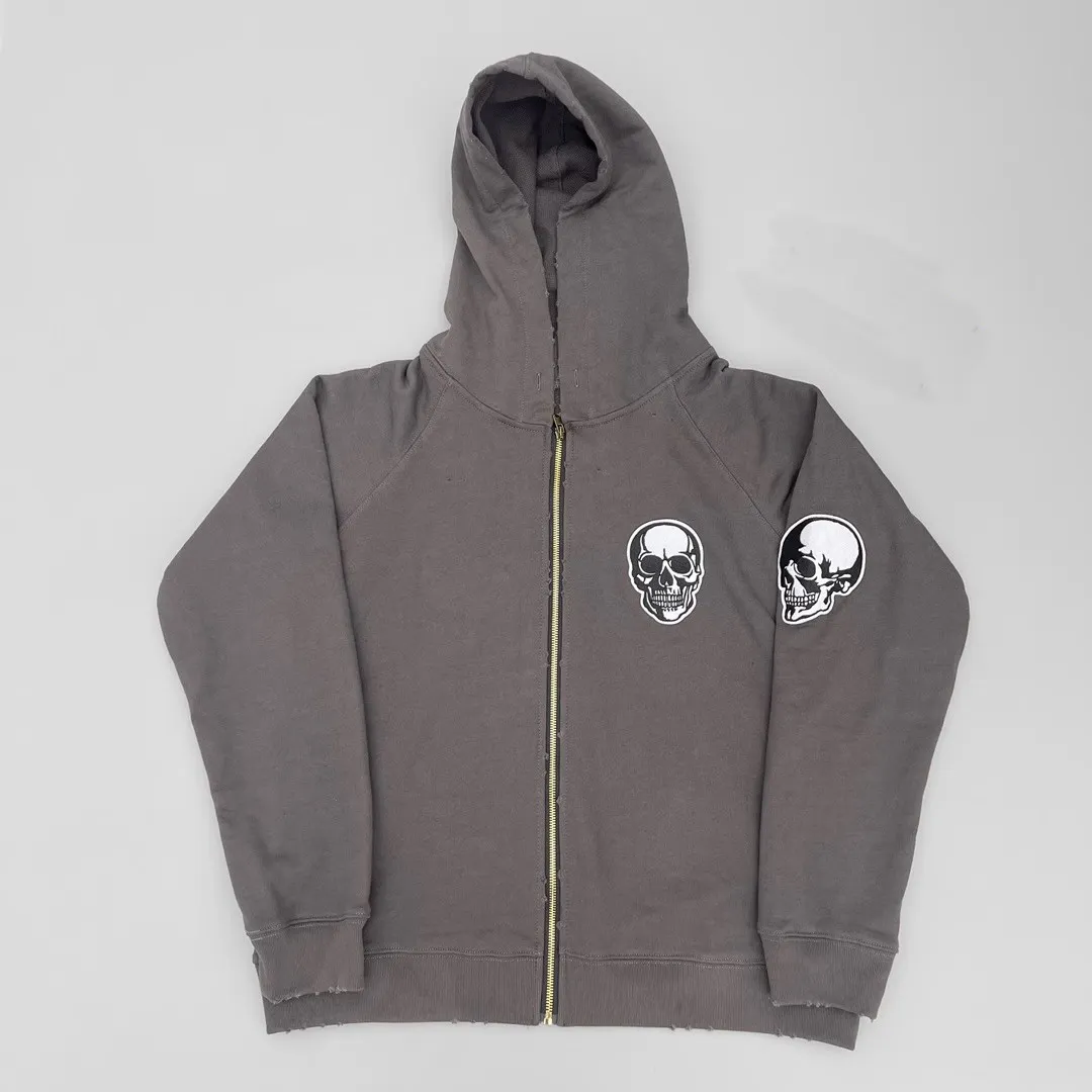 Mens Hoodies Number Nine Skull Embroidered Zipper Coat Damaged