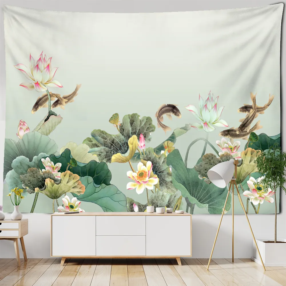 Lotus Ink Background Peinture Tapestry Wall suspendu Koi Bohemian A esthétique simple décoration intérieure