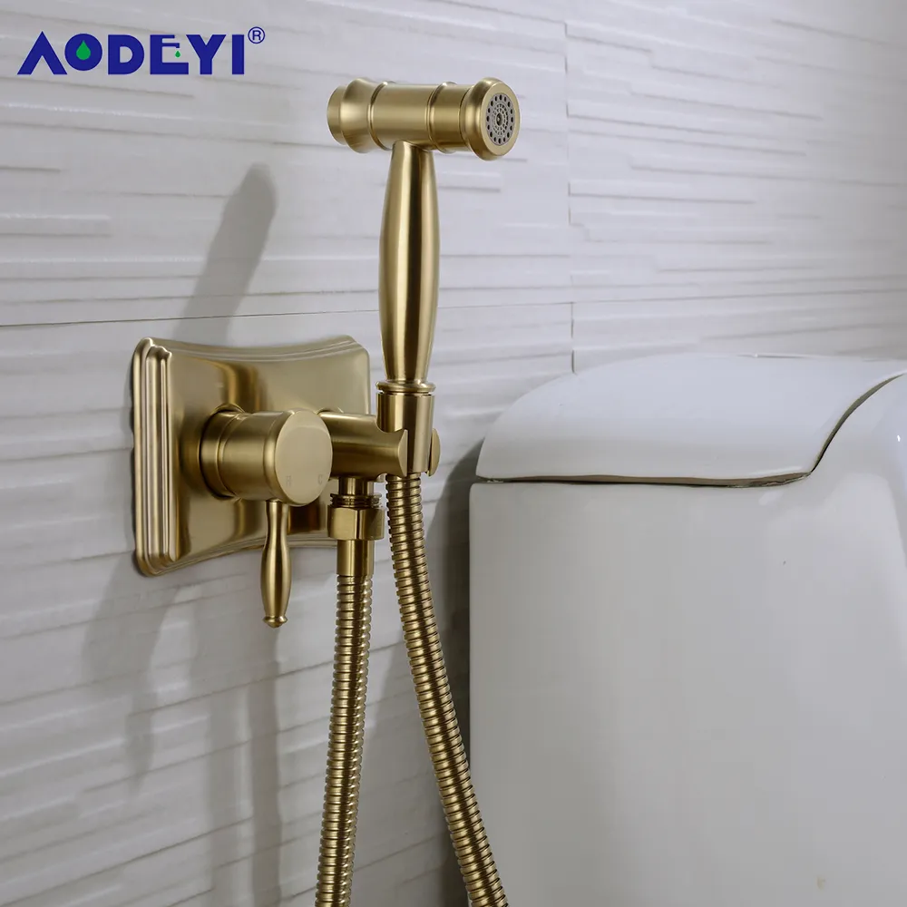 Brass Handheld Toilet Bidet Sprayer Set Douche Kit Hot Cold Hand Bidet Faucet for Bathroom Hand Sprayer Brushed Gold
