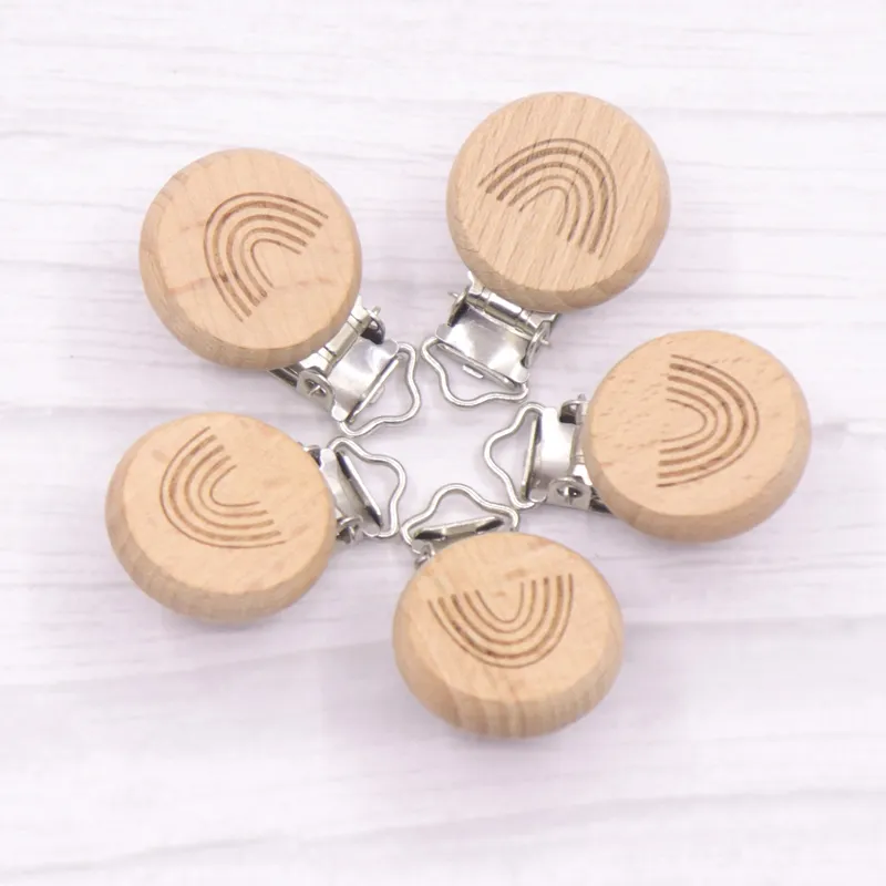 5pcs Belle arc-en-ciel en bois clip de sucette naturel Beech Baby Pacificier Clips Clips Dummy Clips Diy Pacificier Chain