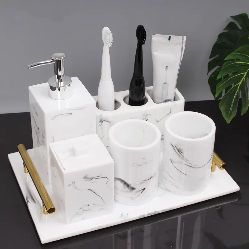 Badkamer accessoires set hars bad toilet soap dispenser/dish tandenborstel houder/rek gorggordelbeker marmering bruiloft geschenken 5-6 pc's