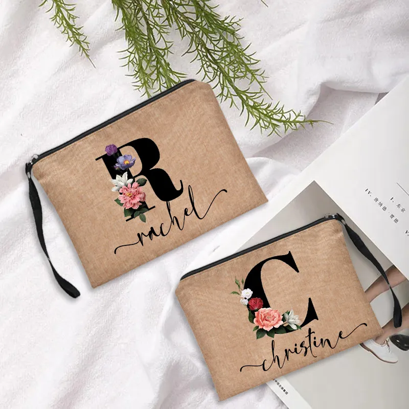 Personlig anpassad initial namn Makeup Bag Bridal Linen Cosmetic Case Canvas toalettartikar Pouch presenter till brudtärna sminkväskor