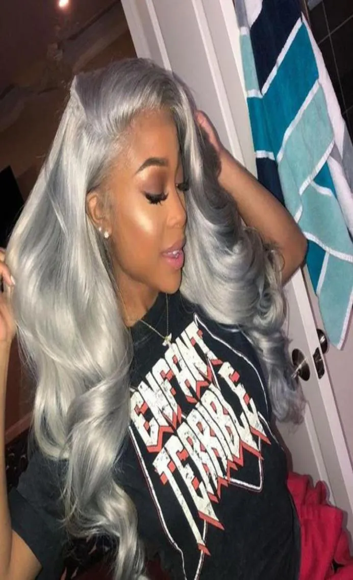 Mörkgrått Human Hair Spets Front Wigs Black Women Wavy 130 Density Silver Grey 10a Remy Virgin Hair Lace Frontal Wig Pluck12521831310849