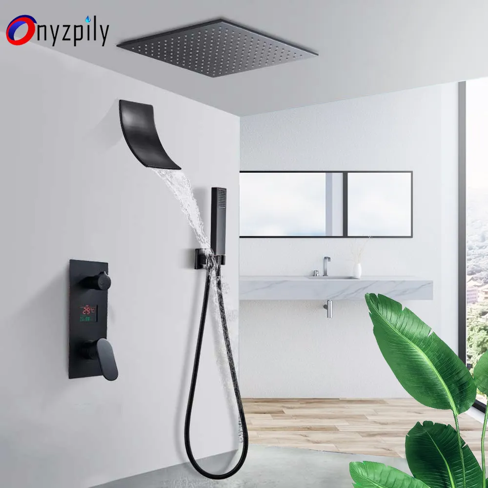 Onyzpily Matte Black Back Bathrate Shower Faucet Set Seiling Mounte LCD Digital Discip Divel System Swivel Spout Mixer Tap