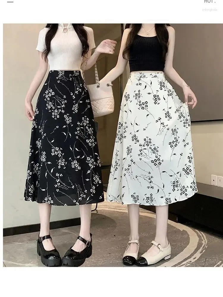 Röcke Frauen gedruckt florale Chiffon Elastizität High Taille Female Mode unregelmäßige MIDI Eine Linie mit Linning