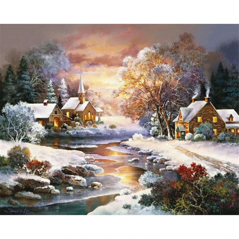 Landskap vintertryckt tyg 11ct cross stitch diy broderi full kit dmc trådar handarbete hobby handarbete design