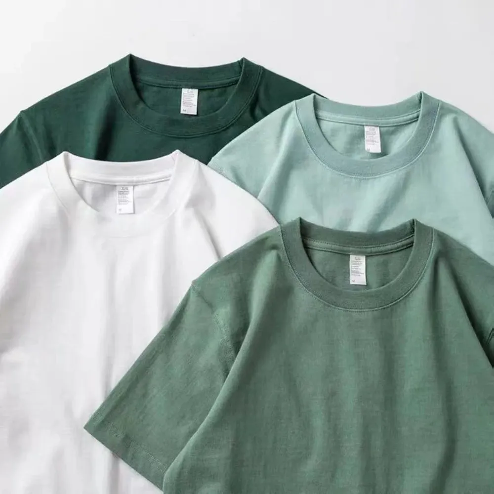 Men Women Green T -shirt 200g katoenen shortsleeveved top Koreaanse t -shirt groen dikke katoenen halfsleeve unisex t -shirt 240409