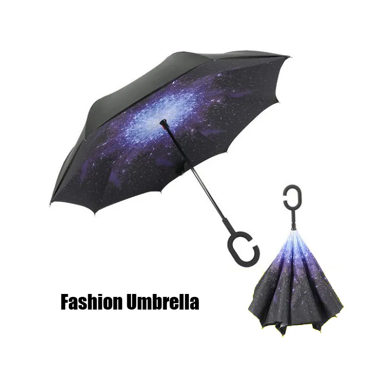 Vente chaude Handle du vent Inverse pliant parapluie homme femme Sun Rain Car voiture inversée à double couche Anti UV Self stand parasol