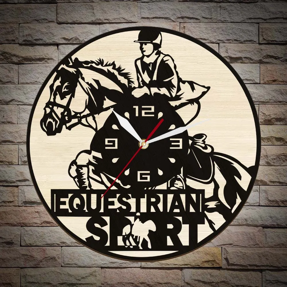 Equestrian Horse Riding Wooden Wall Clock Horseback Sports Home Decor Wall Watch For Bedroom Horse Racing Artwork Timepieces