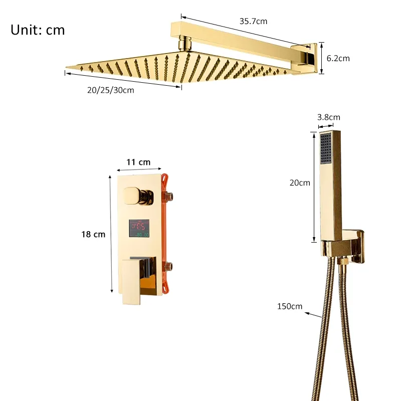 Conjunto de torneiras de chuveiro de ouro LED DIVERNO DIVERNA RAINFFALA SISTEMA DE RECUPLO ESCURADO SISTEMA LCD DIGITAL DIGITAL DIGITAL DO BAIL MIXER COMBO CONFIGURAÇÃO