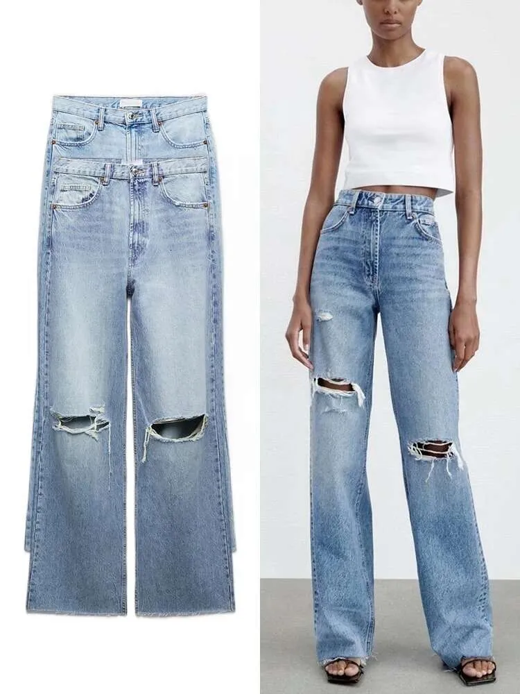 Trafza kvinnors lösa hål dekoration hög midja jeans mode mångsidiga bredbenta byxor eleganta mode kvinnokläder